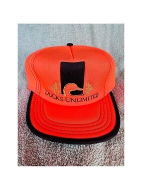 NOS Vintage Ducks Unlimited Snap Back Foam Hat Neon Orange Embroidered Hat Cap